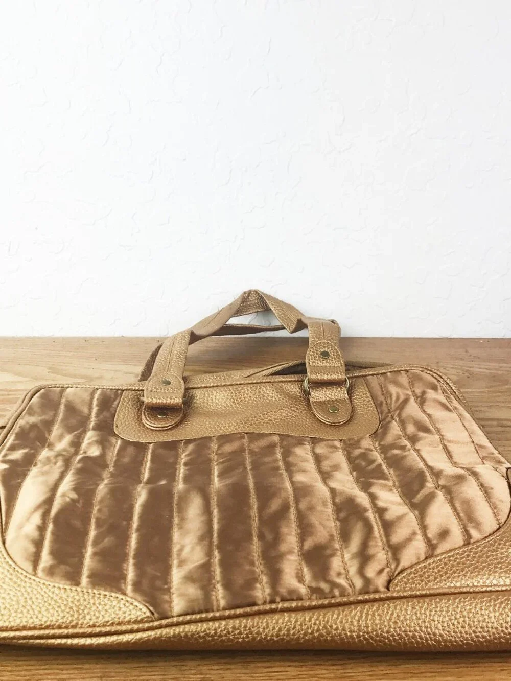 Lancome Metallic Gold Quilted Laptop Tote – Faux Leather Trim & Double Handles